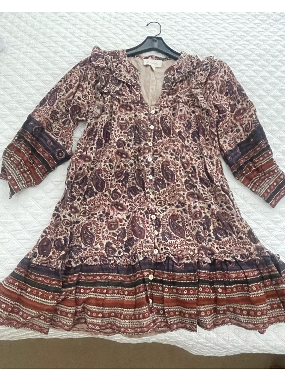 Cleobella Multicolor Paisley Ruffle  Tunic Dress 95 % organic cotton XS